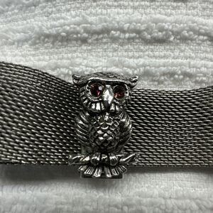 Vintage 1970s Sarah Coventry Owl Mesh Slide Bracelet Purple Rhinestone Eyes